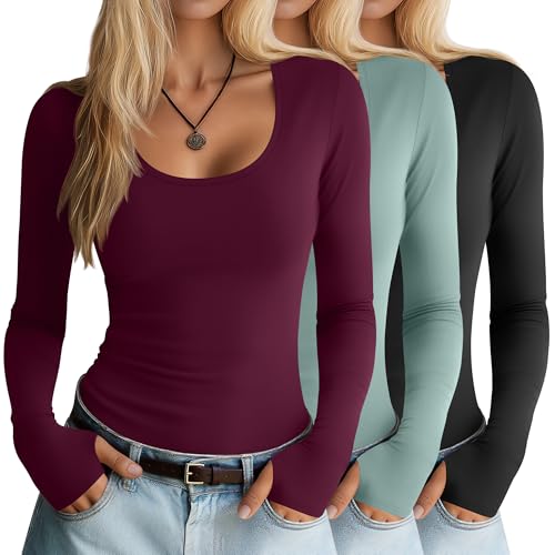 Neer 3 Pack Women's Long Sleeve Shirts with Thumb Holes, Scoop Neck Slim Fit Undershirts Casual Workout Yoga Basic Tee Tops(Black, Gray Green, Burgundy,Large)