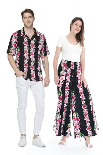Matchable Couple Hawaiian Luau Shirt or Wide Legged Pants in Pink Black, Hibiscus Vine