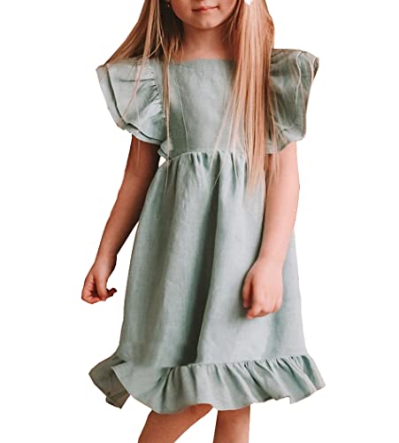 Girls Dress Linen Boho Party Ruffle Sleeve A-Line Floral Hem Loose Fit Summer Outfits for 5-12 Years Kids