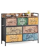Mondeer Kommode mit 7 Schubladen, Schubladenschrank aus Vintage-Blumenmotiv Stoff Metallrahmen Rustikales, für Wohnzimmer Schlafzimmer Flur, 30 x 99 x 84 cm, Vintagebraun