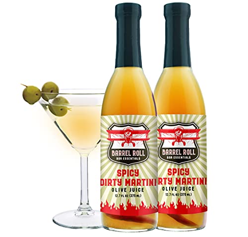 Barrel Roll Cocktail Mixers - Spicy Dirty Martini Mix w/ Piri Piri Peppers - Spicy Olive Brine - USA Small Batch Drink Mix - Spicy Olive Juice - 25.4 Oz Spicy Martini Juice – Vodka Gin Vermouth Mixer