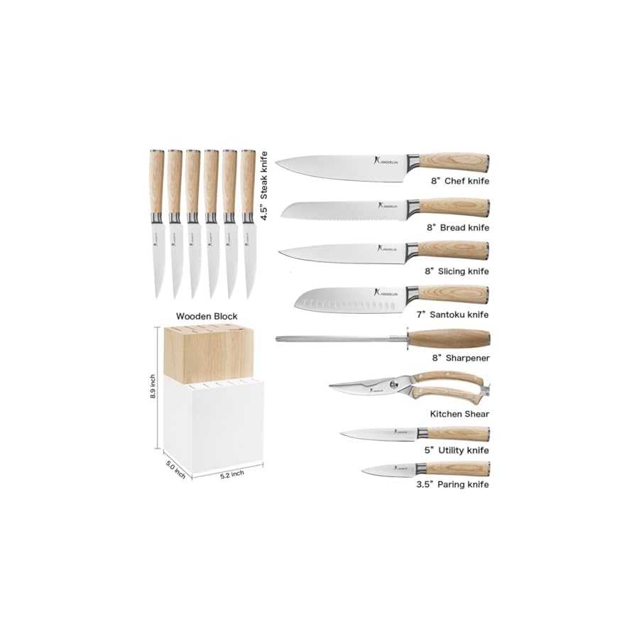 Kangdelun 15-Piece Wood Handle Block Knife Set, Ultra Sharp High Carbon Stainless Steel