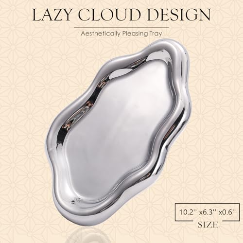 Image of CCINPPY Ceramic Jewelry Tray Trinket Dish, Decorative Cloud Vanity Key Tray for Women, Ring Holder Dish, Cute Jewelry Plate Bowl Room Decor Aesthetic, Silver, Large