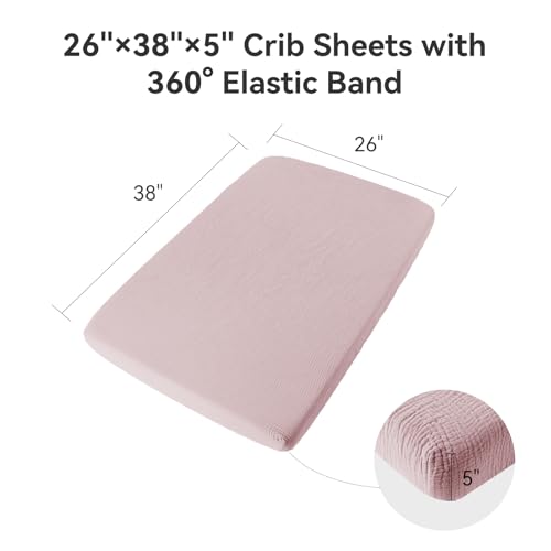 Image of TILLYOU Muslin Mini Crib Sheets 2 Pack, Pack and Play Mattress Sheets Fitted for Pack N Play, 38 x 26 Sheet for Toddler, Pink and Apricot