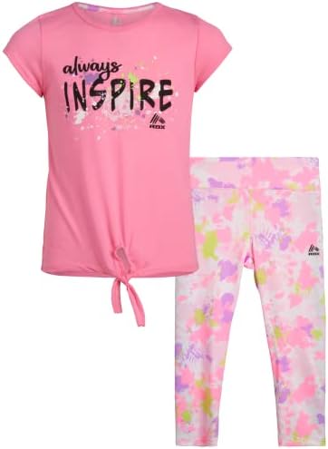 RBX Girls' Activewear Set - Short Sleeve Performance T-Shirt and Capri Leggings (6X-12), Size 10-12, Pink Sunshine