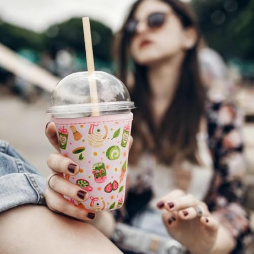 Image of Reusable Insulated Sleeve for Iced Coffee Cup, Coffee Neoprene Sleeve for Cold & Hot Drinks, Beverage Holder for Iced Coffee (Sweet Treats, Medium: 22-24oz)