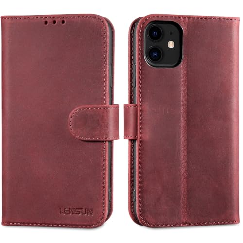 Étui iPhone 11 cuir véritable vintage Lensun housse portefeuille rouge rétro chic durable