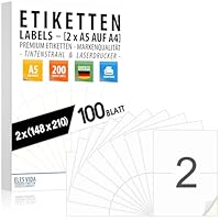 Selbstklebende DIN A5 VERSANDEIKETTEN, Versandaufkleber 210 x 148 mm auf DIN A4-100 Blatt (200 Labels) - (2 pro A4 Bogen) matte Oberfläche, bedruckbar mit Tinte- und Laserdruckern, MADE IN GERMANY