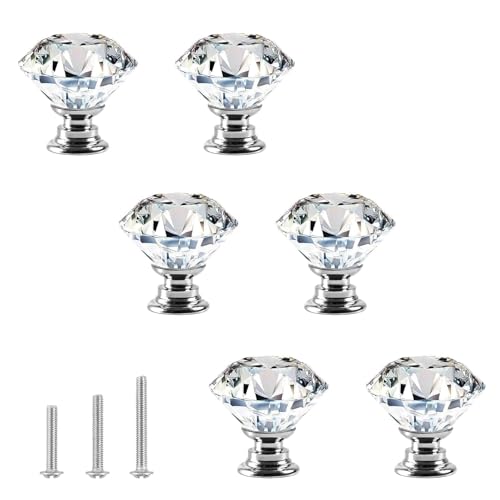 ShipeeKin Lot de 6 boutons de meuble en verre cristal - 30 mm - Style diamant - Pour commode, armoire, cuisine, garde-robe, salle de bain - Transparent