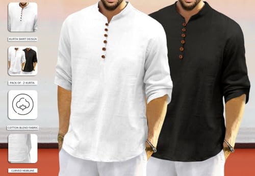Image of ROYALSCOUT Men's Cotton Polyester Blend Solid Regular Fit Full Sleeve Short Kurta | Ethnic, Lightweight Summer Kurta for Daily & Occasion Use