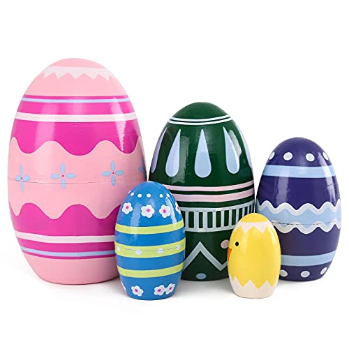 Moonmo 5 Pcs Colorful Geometric Design Pattern Nesting Dolls Egg Nesting Dolls (Blue Flower) #TOP23