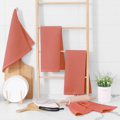 Image of Homaxy 100% Cotton Waffle Weave Kitchen Dish Towels, Ultra Soft Absorbent Quick Drying Cleaning Towel, 13 x 28 Inches, 6-Pack, Coral