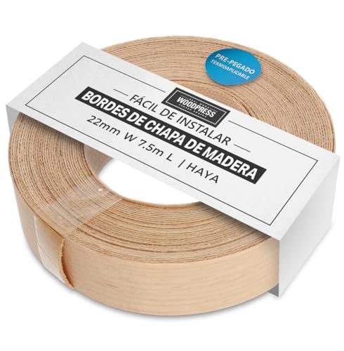 Woodpress Banda De Hierro De Haya Vaporizada De 22 Mm Sobre El Borde - Rollo De 7,5 M - Cinta De Chapa De Madera Preencolada Para Aplicación De Bricolaje