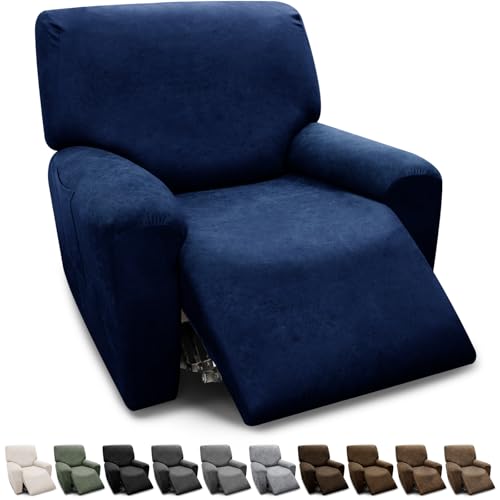 Pfrstuv Chair Covers 4-Pieces Recliner Chair Covers 1 Seater Cover for Recliner Chair Leather Look Recliner Slipcovers with Pockets Spandex Fabric Furniture Covers(XL Recliner, Navy)