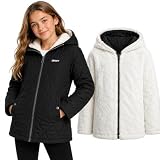 DKNY Reversible Girls Winter Coat - Heavyweight Quilted Jacket with Sherpa Lining Hooded Puffer Jacket Winter Coats for Girls, Size 10-12, CLASSIC BLACK