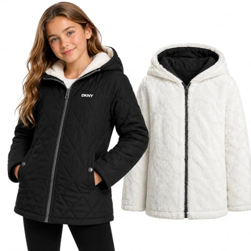 Image of DKNY Reversible Girls Winter Coat - Heavyweight Quilted Jacket with Sherpa Lining Hooded Puffer Jacket Winter Coats for Girls, Size 10-12, CLASSIC BLACK