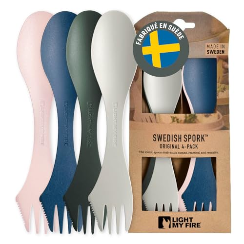 Light My Fire - Light My Fire Couvert Camping - Set Couverts Voyage 4 Sporks - Couverts Camping 3 en 1 - Cuillère Fourchette Couteau Camping - Couvert Plastique Reutilisable 100% sans BPA (4-pack Meadow)