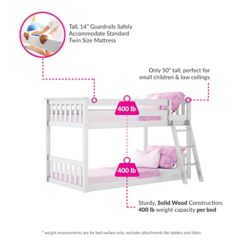Max & Lily Low Bunk Bed, Twin-Over-Twin Wood Bed Frame For Kids, White #TOP2
