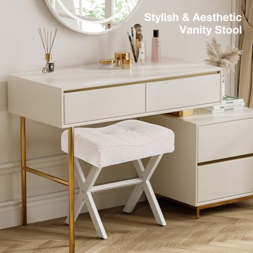 Image of Memobarco 18-Inch Vanity Stool Chair, Vanity Bench with Metal X-Legs, Ottoman Accent Stool with Breathable and Soft Boucle Fabric Saddle Seat, White