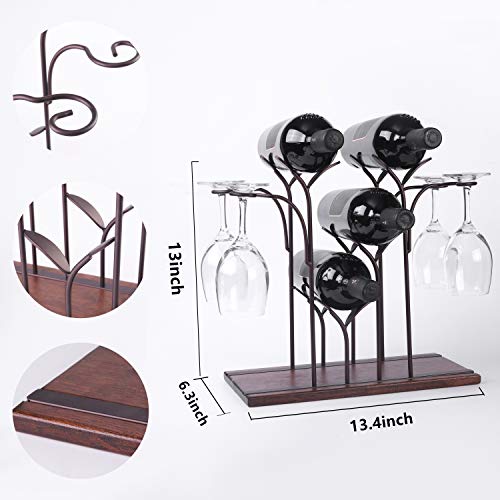 YCOCO Countertop Wine Rack,Hold 4 Bottles and 4 Glasses Wine Holder Storage Stand,Freestanding Wine Storage for Kitchen Home Bar Storage and Kitchen Decor,Bronze