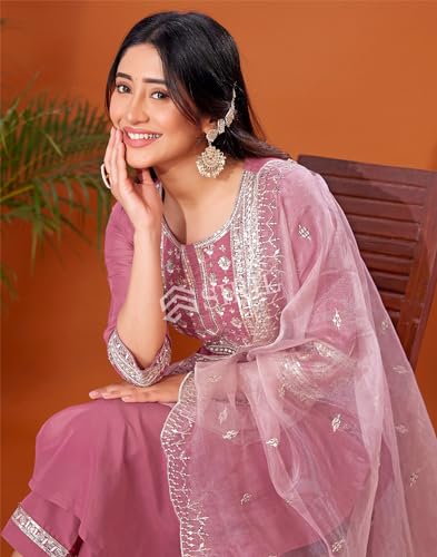 Image of SIRIL Women's Cotton Blend Sequence Embroidery Straight Kurta Pant with Dupatta Set