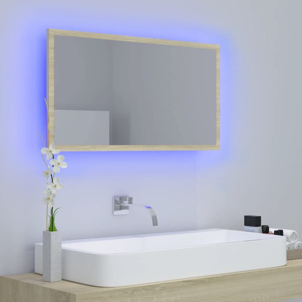 Lustro łazienkowe LED, dąb Sonoma, 80 x 8,5 x 37 cm, akryl z lampą RGB, lustro ścienne, wiszące i stojące, nowoczesne meble łazienkowe, zajmuje mało miejsca, nadaje się do umywalki