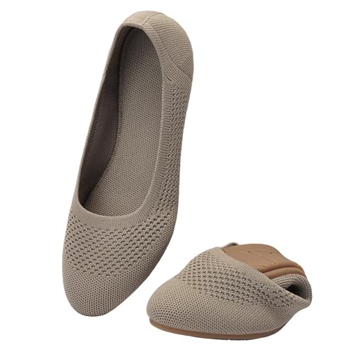 Puxowe Damen Ballerina Runde Zehe Stricken Flache Schuhe Komfort Weich Slip On Ballerina Walking Flats Schuhe für Frauen Niedriger Keil Lässig 36 EU Khaki