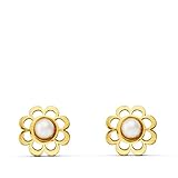 Oro amarillo 18 kilates Pendientes bebé niña Olga. Oro amarillo 18K, flor con perla.