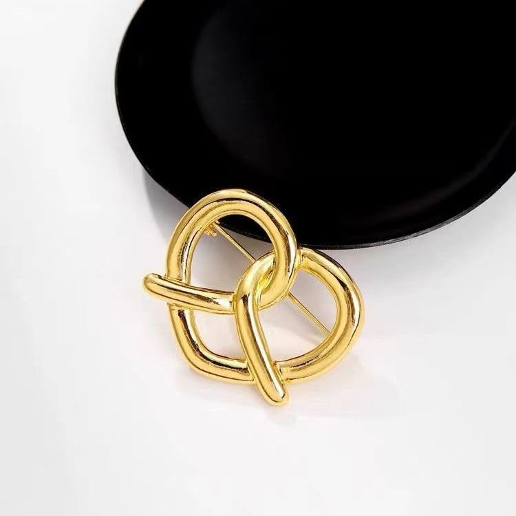 Image of Heart Brooches for Women Gold Tone Pretzel Lapel Pin Minimalist Badge Blazer Dress Jacket Sweater Decor Accessories Jewelry Gifts