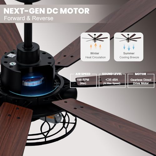 Image of Dawn Whisper 72 Inch Farmhouse Ceiling Fans with Lights Black Industrial Caged Ceiling Fans with 6 Speed Reversible Motor and Dual Finish 8 Blades Rustic Ceiling Fan for Living Room