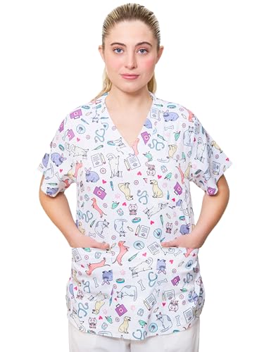 Nurse is Love Casaca Sanitaria Mujer White-Animals - Casaca Mujer para Trabajo | Camiseta - Uniforme Enfermera | Pijama Enfermera. Diseños con Bolsillos Ideal para Salvabolsillos | Regalos Enfermera