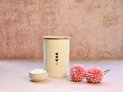 Image of JISCOVERY Airtight Tea, Coffee & Sugar Container Set of 3| Metal Storage Canister with Wooden Lid for Kitchen| Storage Box for Kitchen Counter Top| 1300 ML| Beige