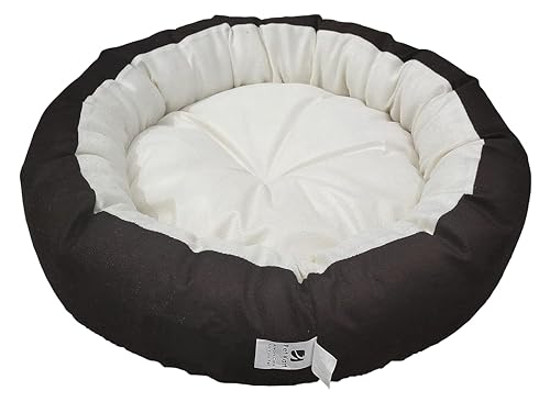 Image of Medium Size Dog Bed for Puppies, Kitten and Cat, Velvet Fabric Dual Color Cream-Brown Anti-Skid Bottom Washable Export Quality Pet Bed