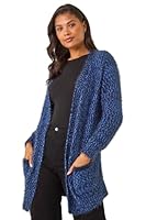 Roman Women Fluffy Cardigan Ladies Winter Cardi Longline Edge to Edge Ombre Coatigan Casual Sparkly Glittery Jacket Knitwear Knitted Autumn Fleecy Cosy Soft Coats - Cobalt - Size 16