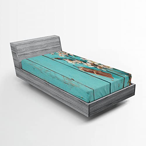 Ambesonne Almond Blossom 2 Pack Fitted Sheet, Color Pencil on Blue, Bed Cover All-Round Elastic Deep Pockets 2 Pieces, Package Contains 2 Twin Size Fitted Sheets, Aqua Umber