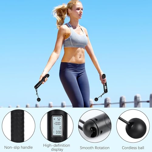 Image of Skipping Rope with Counter, Gravity Ball Jump Rop, Counting Jump Rope, Cordless, Intelligent Digital Jump Rope, Adjustable Skipping Rope for Lose Weight- Black
