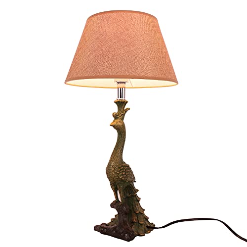 FIRVRE Tischlampe Grün Vintage Pfau Harzsockel Augenschutz retro Schreibtischlampe Modern Stoff Lampenschirm tischlampe landhaus Nachttischlampe dekorative Lichter Für Schlafzimmer Nachttisch Lounge Cover