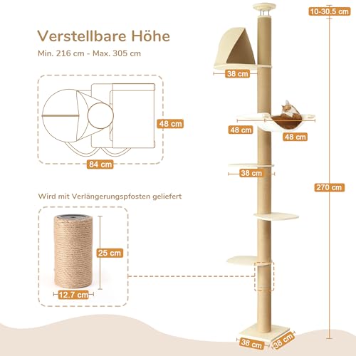 FUKUMARU Kratzbaum, 6 Etagen bis zur Decke reichender Katzenturm(282-305cm), wandmontierter Katzenbaum,aus Natürliches Gummibaumholz, mit Katzenversteck-Zelt und gemütlicher Hängematte,beige – Bild 3