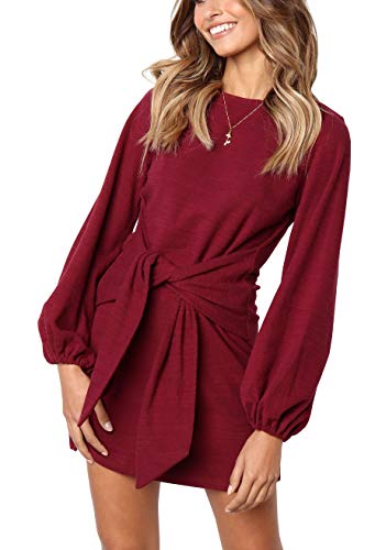 R.Vivimos Women's Autumn Winter Cotton Long Sleeves Elegant Knitted Bodycon Tie Waist Sweater Pencil Dress (Medium,Wine Red)