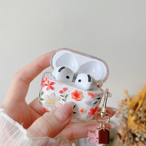 Image of MINSCOSE for AirPods 4 Clear Case,Cute Floral Leaves Pattern Design with Girly Flower Keychain,Soft Silicone Protective Shockproof Cover with Cleaner Kit for Girls Women for Airpod 4-Orange