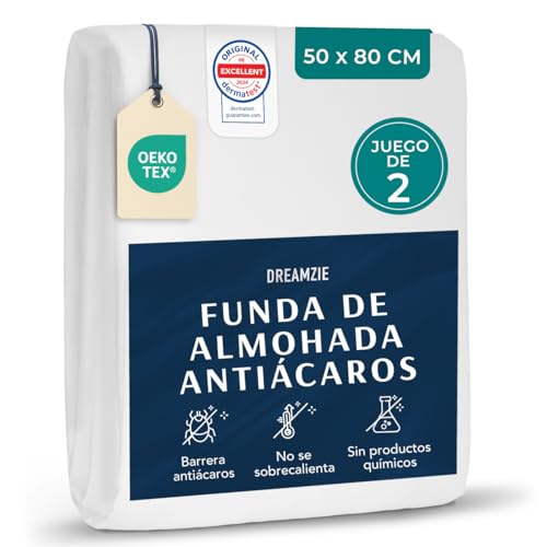 Dreamzie - Juego de 2 Funda de Almohada Antiacaros - Protector Almohada 50x80 cm - Funda Antiacaros Transpirables y Lavables a 95°C