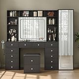 Yanosaku Vanity Desk Full Length Mirror & LED Mirror with Power Outlet, Makeup Vanity 14 Drawers & 10 Shelves, Hidden Storage Capacity, Dimmable & 3 Color Lighting Dressing Table for Bedroom, Black