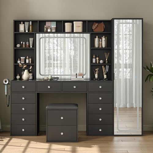 Yanosaku Vanity Desk Full Length Mirror & LED Mirror with Power Outlet, Makeup Vanity 14 Drawers & 10 Shelves, Hidden Storage Capacity, Dimmable & 3 Color Lighting Dressing Table for Bedroom, Black