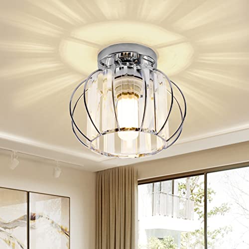 TISLYCO Modern Semi Flush Mount Ceiling Light Fixture, Mini Crystal Chandelier Light, Chrome Small Ceiling Lamp Indoor Lighting for Entryway Bedroom Bathroom Hallway Closet Foyer Living Room