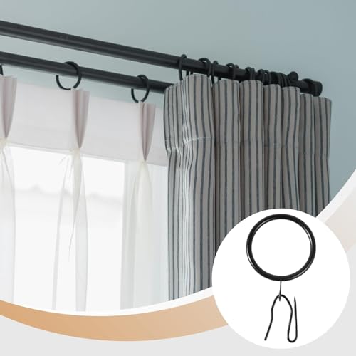 Bosreroy 60 Black Curtain Rings with Hooks, Heavy Duty Metal Drapery Clips with Sharp Hooks, Roman-Style Rings with Eyelets for Window & Shower Curtains