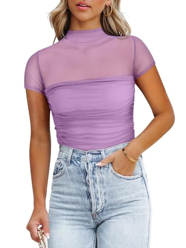 Image of REORIA Women's Sexy Mock Turtle Neck Short Sleeve Shirts Sheer Mesh Ruched Trendy Going Out Bodysuits Tops
