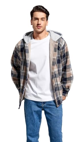 Image of Men's Cotton Plaid Shirt Jacket Fleece Flannel Sherpa Button Down