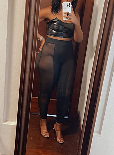 Image of Women's Sexy See Through Sheer Mesh Pants Leggings High Waist Casual Sweatpants Tights