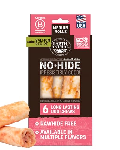Earth Animal No Hide Medium Salmon Flavored Natural Rawhide Free Dog Chews Long Lasting Chew Sticks | Treats for Large Dogs | Great for Aggressive Chewers - 6 Count