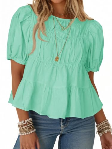 Image of Tankaneo Womens Puff Sleeve Peplum Babydoll Tops Summer Flowy Pleated Cotton T-Shirts Casual Loose Fit Cute Blouse